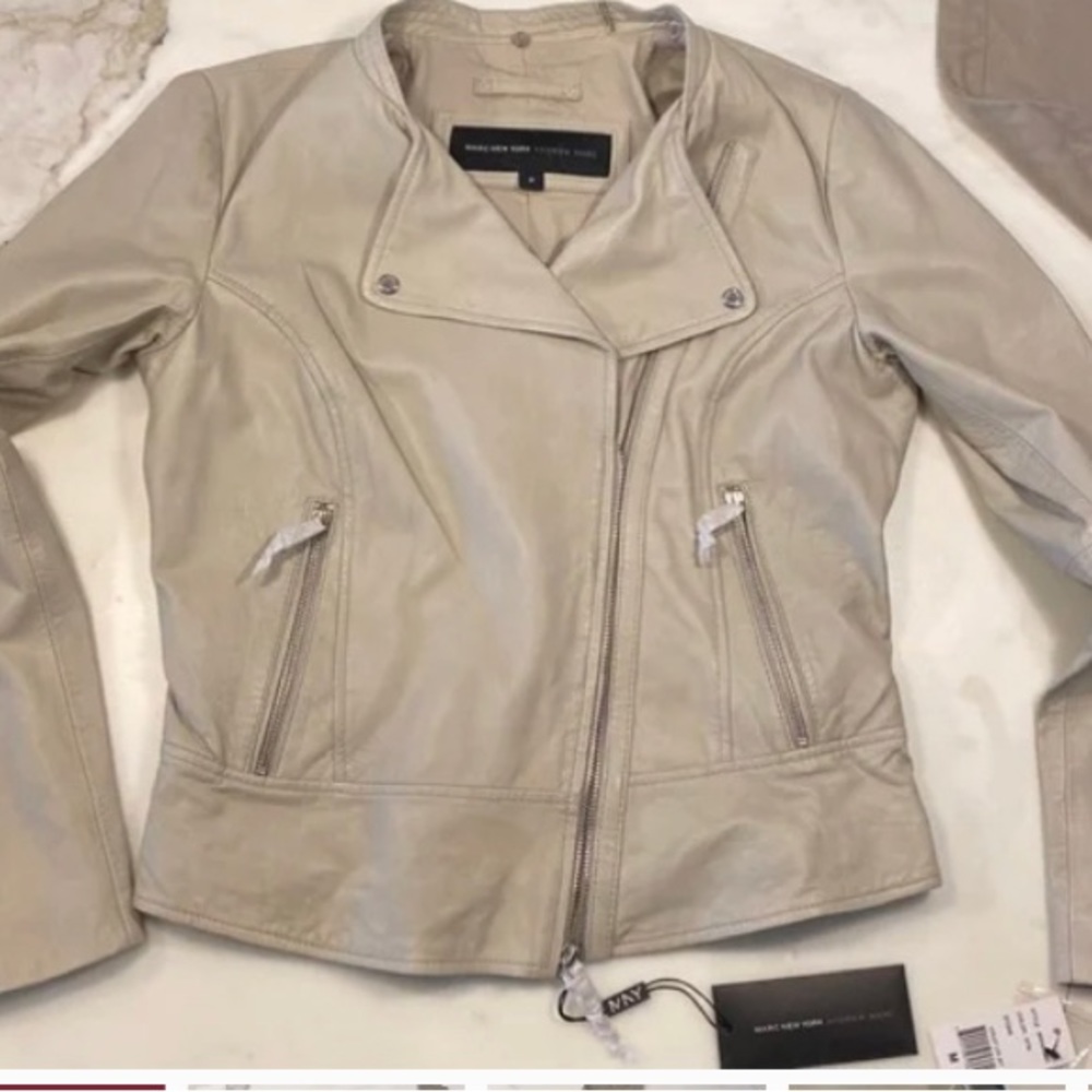 Andrew Marc Cream leather hooded jacket